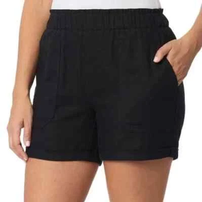 Pantalones cortos cómodos Briggs para mujer cintura elástica mezcla de lino, negros, talla pequeña Foto 1 de 4