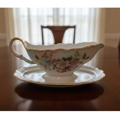 Barco de salsa floral vintage de Baviera con platillo plato para servir de porcelana con borde dorado Foto 1 de 4