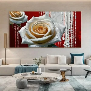 Pintura en lienzo abstracta de flores de rosa con fondo rojo y blanco sin marco para vivir - Imagen 1 de 6