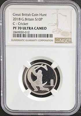 TOP POP 2018 Great Britain Silver 10 Pence C - Cricket Proof NGC PF 70 - Image 1 of 4