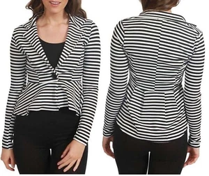 Womens Full Sleeve Slim Fit Peplum Blazer Ladies Striped One Button Jacket Coat - Picture 1 of 7