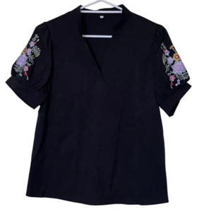 Women’s Black Polyester V-Neck Blouse - Elegant Short Sleeve Size 10 - Picture 1 of 5
