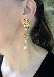 Flower Earrings CITRINE TOURMALINE CHROME DIOPSIDE MOP - Gold/Enamel/925 Silver - Picture 1 of 4