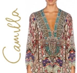 Camilla Kilim Odyssey Lace Up Tunic Size 3/100% Silk/Wandering Heart Collection