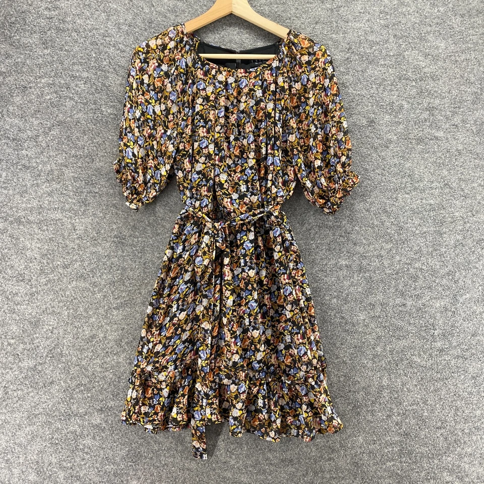 Trixxi Dress Women S Small Black Floral Sheath Midi Belted 3/4 Sleeve Lined - Image 1 of 4