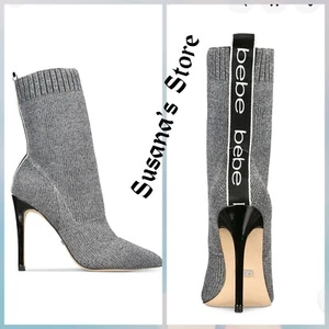 NEW BEBE SIZE 9 M Gray Knit Sock Boot Logo Discover Stiletto Slip On Booties - Picture 1 of 5