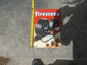 1949 FIRESTONE TIRES PORCELAIN ADVERTISING SIGN TIRE 12" X 8" - Picture 1 of 6