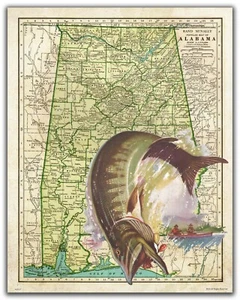 Muskie Fishing Alabama State Map Art Print Vintage Lures Club Wall Decor Gift - Picture 1 of 1