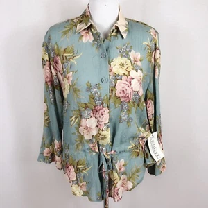 Vintage NEU Karen Kane Damenbluse 6P blau rosa Blumenmuster Knopfleiste gepolsterte Schulter  - Bild 1 von 12