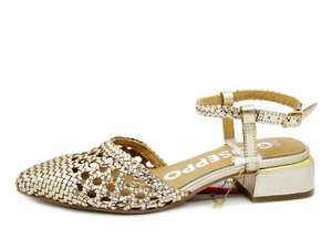 Scarpe Donna Aperte Eleganti 38 in Pelle Oro Intrecciata Tacco Basso GIOSEPPO - Picture 1 of 4