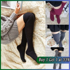 Womens Thigh High Socks Stockings Over The Knee Warm Knitted Cotton Ladies Girls - Picture 1 of 17