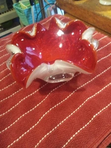 Vintage Murano Art Glass Bowl Red Candy Dish Glass Red White Heavy - Picture 1 of 5
