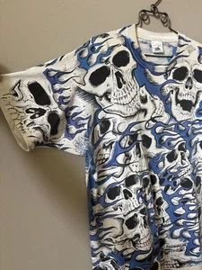 VINTAGE RARE! EARLY 1990's AOP FLAMES & SKULLS DEADLY T's T SHIRT. XL BIKER PUNK - Picture 1 of 10
