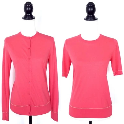 Conjunto de cárdigan y suéter de manga corta Lafayette 148 rosa coral plateado talla XS Foto 1 de 4