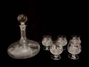 Vintage Etched Clippership Decanter and Brandy Snifter Set of 5 Glasses - Picture 1 of 24