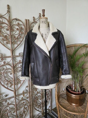 Vintage brown leather sheepskin fur 80s aviator jacket coat S - Image 1 of 4