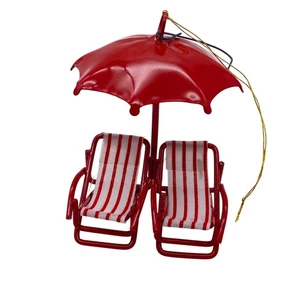 Vintage Metall Strandkörbe & Regenschirm Christbaumschmuck rot weiß Sommer Urlaub - Bild 1 von 6