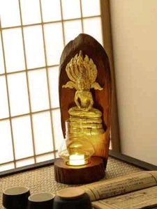 Teak Wood Candle Holder with Birthday Buddha & Glass Dome - Picture 1 of 9