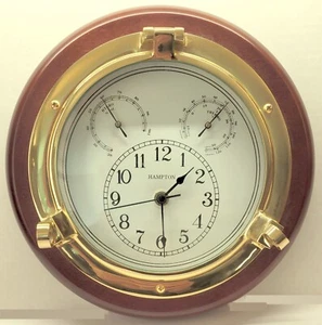 Hampton Nautical Model Porthole Quarts Wall Clock W/ Hydro & Thermo Gauges - Picture 1 of 9