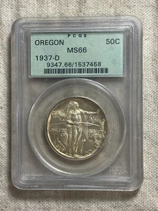 1937-D Oregon Commemorative Silver Half MS66 PCGS OGH Old Green Holder Gold Tone - Picture 1 of 8