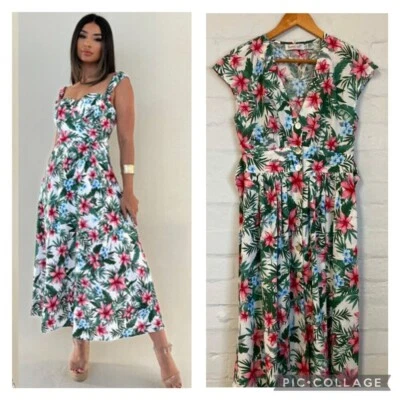 Vestido midi SUNNY GIRL Hawaiano Floral Años 50 Botones Calce y Acampanado Talla 10 AU Foto 1 de 4