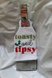 Weinflasche Schürze Weihnachten Urlaub Geschenk NEU Ritz toasty und beschwipst weiß Leinwand - Bild 1 von 3