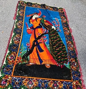 52"×88" Uzbek Traditional 1970s Peacock Woman Velvet Fringe Heavy Bed Hanging - Picture 1 of 15