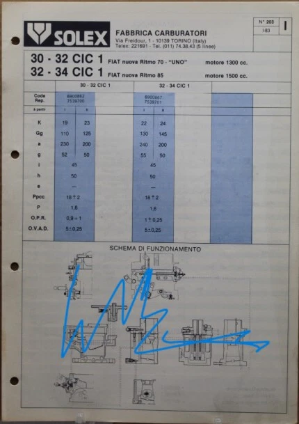 scheda carburatore solex 30 32 fiat nuova ritmo 70 uno 1300 1500 85 auto d'epoca - Immagine 1 di 1