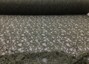 Embroidered Stretch Lace Apparel Fabric Sheer Scrolling Floral Olive Green XX212 - Picture 1 of 1