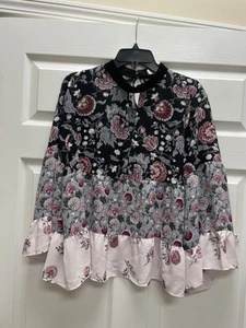 Loft Size Large Petite Boho Tiered Floral Blouse Pink Black Wide Sleeve Pit 21 - Picture 1 of 5