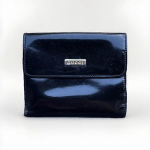 Vintage GUCCI Black Wallet Auth Mini Folding Logo Plate Italian Patent Leather - Bild 1 von 7