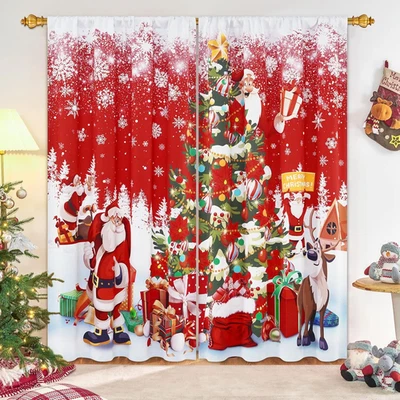 Cortinas oscuras de ventana de Navidad, cortinas de ventana rojas para sala de estar, Santa C Foto 1 de 4