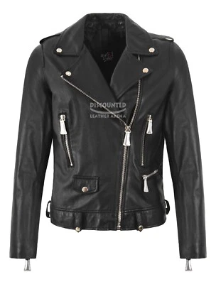 Women's Brando Lambskin Leather Jacket Black Motorbike Fitted Biker Style Jacket - Image 1 of 4