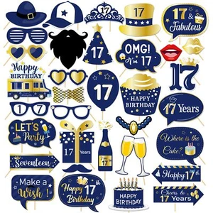 34Pcs 17th Birthday Photo Booth Props Blue & Gold Party Supplies for Boys Men... - Picture 1 of 7