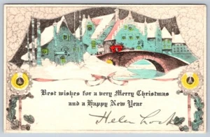 Best Wishes For A Merry Christmas And A Happy New Year, Town Scene, Vintage Card - Picture 1 of 2