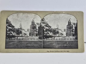 Vintage Stereo View Card "The World Building & City Hall" - Picture 1 of 3