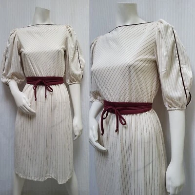 Vestido Semi Transparente Vintage Años 70 ZOEY T Marfil Granate Rayas con Cinturón - Talla S/M Foto 1 de 4