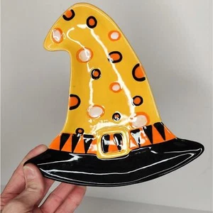 Halloween Yellow Ceramic Witch Hat Shaped Candy Plate Tray Spoon Rest - Picture 1 of 9
