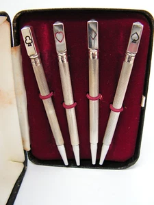 VINTAGE BOXED SET OF STERLING SILVER BRIDGE PENCILS CLUBS HEARTS DIAMONDS SPADES - Picture 1 of 8