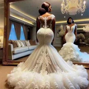 Gorgeous Mermaid Beaded Wedding Dresses Lace Appliques Ruffles Formal Gown - Picture 1 of 2