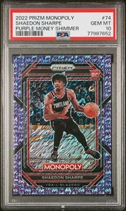 2022-23 Prizm Monopoly Shaedon Sharpe #74 RC Purple Money Shimmer /50 PSA 10 - Picture 1 of 3