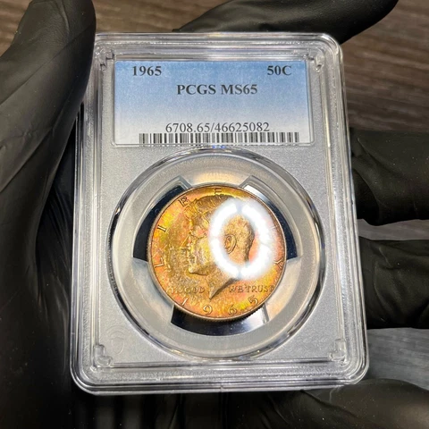 MS65 1965 50C Kennedy Silver Half Dollar, PCGS Trueview- Pretty Rainbow Toned Cover