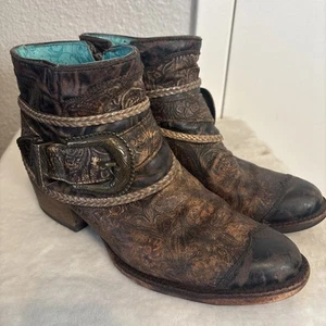 Corral A3123 Distressed Floral Embossed Leather Zip Ankle Boots Women's 8.5 M - Picture 1 of 14