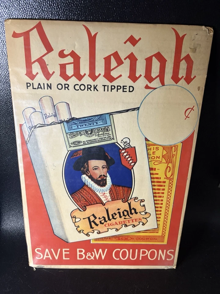 Letrero publicitario ventana papel cigarrillo original años 40 cigarrillos Raleigh Cigarettes 12x18 Foto 1 de 1