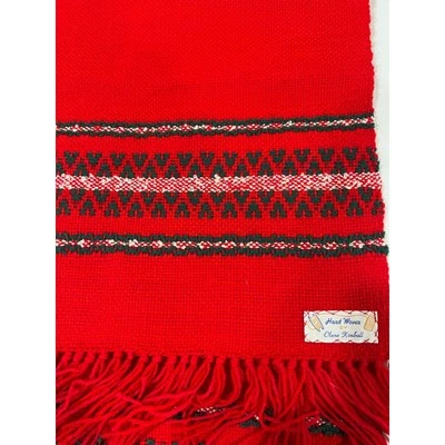 Vintage Red Christmas Table Runner Green Hand Woven Fringe Scandinavian Style - Image 1 of 4