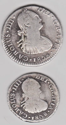 LIMA SET OF 1/2  +1 REAL 1808 J P Peru, Charles IV Spain Colonial Coin, Silver, - Image 1 of 4