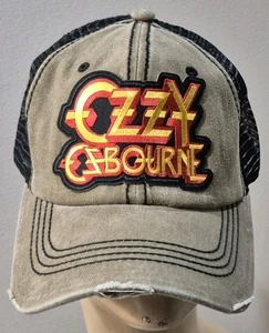 Ozzy Baseball Cap Khaki & Black Mesh Distressed Ozzy Osbourne Rock Band Hat - Picture 1 of 16