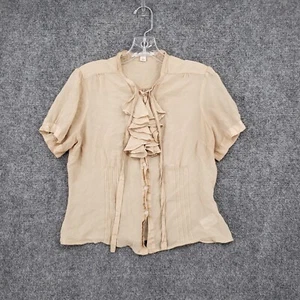 Tommy Hilfiger Top Womens 8 Beige Silk Ruffle Pintuck Blouse Sheer Short Sleeve - Picture 1 of 15