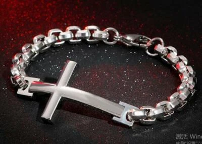 GNAYY Cool Stainless steel silver cross bracelet square rolo chain 8mm 8.66'' - Image 1 of 2