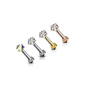 Star CZ Prong Set Surgical Steel Internal Threaded Labret Cartilage Piercing - Picture 1 of 11